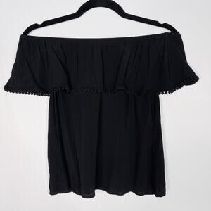 1 State XSmall XS Black Pom Pom Off The Shoulder Short Sleeve Blouse Top Womens